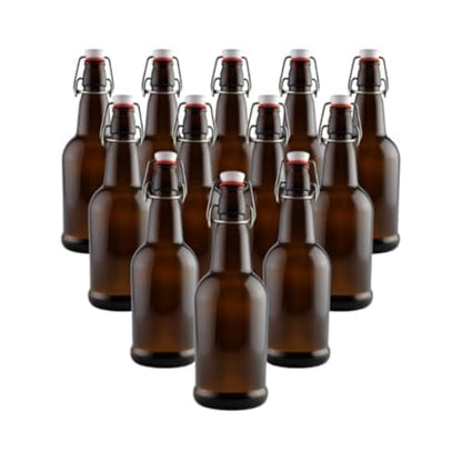 FastRack Swing Top Glass Bottles 16 oz – Pack of 12 | Amber Flip Top Glass Bottles with Airtight Lids | Resealable Grolsch-Style Fermentation Bottles for Kombucha, Beer, Mead, Soda, Vinegar & Water - color: Brown