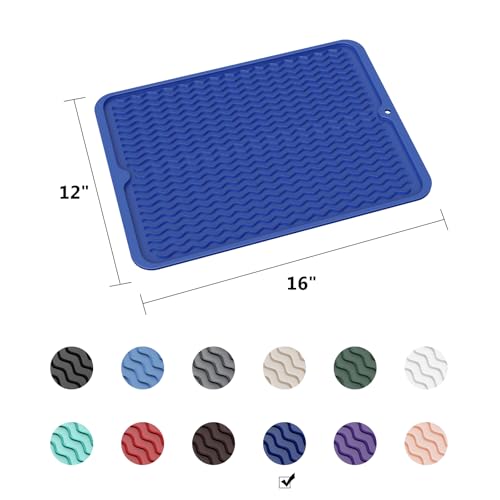 ZLR Silicone Dish Drying Mat for Kitchen Counter (12" x 16" / 307 x 405mm) - Large Fast-Dry Drainer Mat with Raised Wavy Ridges & 5mm Lip - Non-Slip, Heat Resistant 450°F, BPA-Free (Midnight Blue) - color: Midnight Blue, size: 16" x 12"