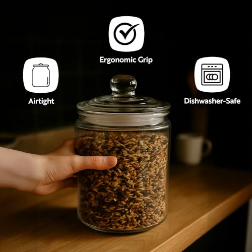 Restaurantware Vetri 0.5 Gallon Glass Storage Jar 1 Dishwashable Glass Cookie Jar - Airtight Seal Wide Opening Clear Glass Candy Jar Knob Handle Lid For Kitchen Laundry Or Storage - size: 0.5 gal