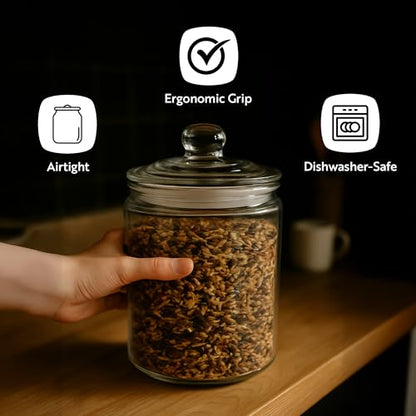 Restaurantware Vetri 0.5 Gallon Glass Storage Jar 1 Dishwashable Glass Cookie Jar - Airtight Seal Wide Opening Clear Glass Candy Jar Knob Handle Lid For Kitchen Laundry Or Storage - size: 0.5 gal