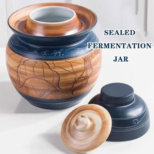 Retro Kimchi Jar with Embossed Lotus Pattern, Water-Sealed Fermentation Tank, Handmade Ceramic Pickling Crock, with Double Lid(5kg/176.4oz) - size: 5kg/176.4oz