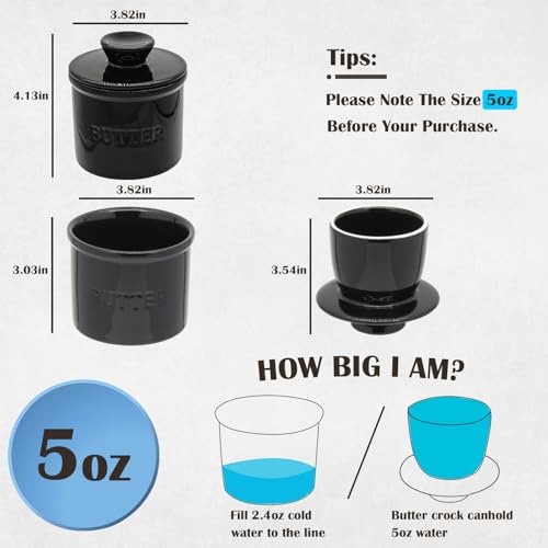 Ceramic Butter Crock, Airtight Butter Crock With Lid for Countertop, Round French Butter Keepers, Porcelain Butter Dish With Lid (Black) - size: Black