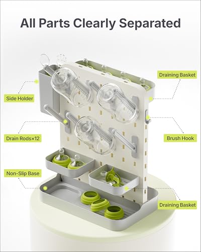 DIY Baby Bottle Drying Rack, Holds 12 Bottles, Space-Saving for Small Kitchen Counters, Modular Bottle Dryer with Removable Rods & Baskets, BPA-Free Countertop Organizer for Baby Feeding Essentials