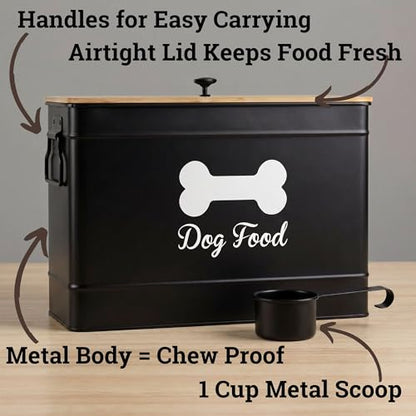 Dog Food Container Airtight Bamboo Lid 15-20 lb Sturdy Metal Handle 70 Cups | Pet Jar For Dogs up to 100lbs, Airtight Bamboo Lid, Sturdy Comfortable Metal Handle, Powder Coated Iron, Kibble Storage Bin - color: Black