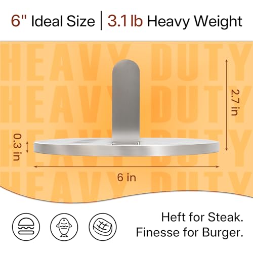 3.1lb Smash Burger Press 6" Stainless Steel Burger Smasher Tool | 1 Year Warranty | Heavy Weight | Dishwasher Safe | Stainless Steel | Solid & Buil To Last | Versatile Kitchen Cooking Press