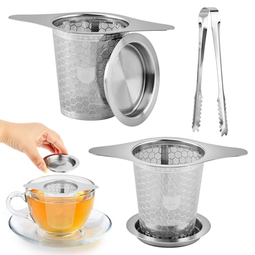 2Pcs Loose Leaf Tea Infuser with 1 Tong, Stainless Steel Loose Leaf Tea Stepper with Lid and Double Handles, Tea-Strainer for Cups, Teapot, Fine Mesh(COLOR:Silver)