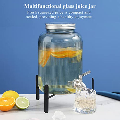 Berglander Glass Drink Dispenser for Fridge, 1 Gallon Beverage Dispenser with Leakproof Stainless Steel Spigot, Water, Laundry Detergent, Juice Dispenser for BBQ, Picnic, Parties and Events (Blue) - color: 2. Blue
