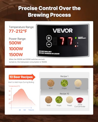 VEVOR Beer Brewing Equipment, 8 Gal/30L 304 Stainless Steel Home Beer Brewer,1500W All-in-One Home Brewing Kit with Tall strainer, Integrated Inner Barrel & Reinforced Handle - size: 8 Gal