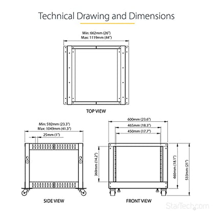 StarTech 8U 4-Post Server Rack, 19in Open Frame Rack with 40in (101cm) Mounting Depth and 1200lb (544kg) Weight Capacity, Mobile or Floor Mount IT Rack - size: 8U