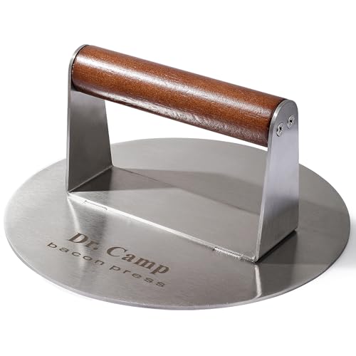 Dr.Camp 7 Inch Stainless Steel Smash Burger Press Burger Smasher Bacon Press Meat Press for Griddle Flat Top Grill with Solid Wood Handle Smooth Bottom Heavy Duty (Round) - style: Round