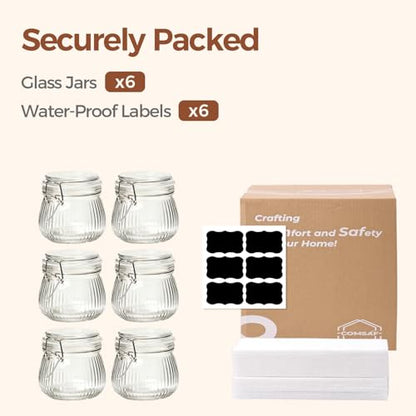 ComSaf Small Ribbed Glass Jars with Airtight Lids 17 oz 6 Pack Wide Mouth | Flour sugar coffee beans, Fermenting pickling, Farmhouse pantry decor, Jam jelly honey, Nuts snacks spices, Kitchen storage - size: 17oz*6-Ribbed