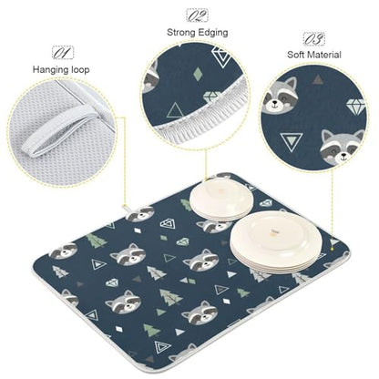 Winter Raccoon Tree Blue Dish Drying Mat for Kitchen Counter Super Absorbent Draining Mat with Non-slip Backed Dish Drying Pad for Countertops Sinks Draining Racks Dish Bottles Cups Bowl