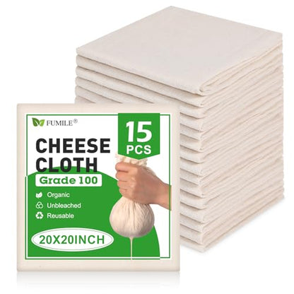 15 PCS Reusable Cheese Cloths for Straining, 20x20 Inch, Organic Cotton Cheese Cloths Unbleached,Cheese Cloth Reusable With Hemmed Edge for Straining Liquid,Cheese Making,Juicing,Baking,Cooking Turkey