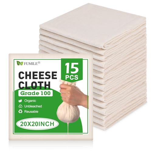 15 PCS Reusable Cheese Cloths for Straining, 20x20 Inch, Organic Cotton Cheese Cloths Unbleached,Cheese Cloth Reusable With Hemmed Edge for Straining Liquid,Cheese Making,Juicing,Baking,Cooking Turkey