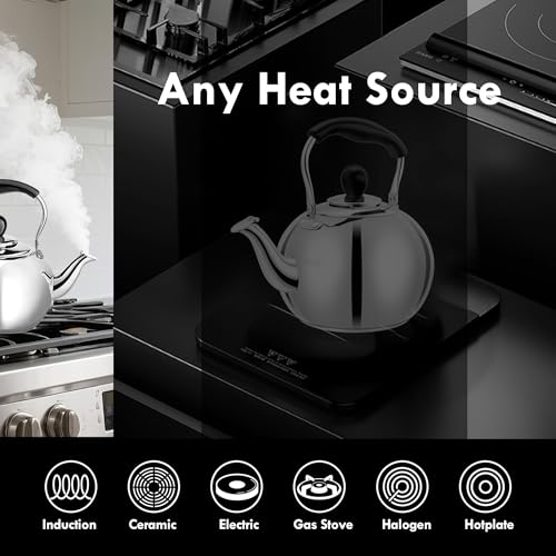 Stovetop Tea Kettle with Whistle - 2.0 Quart 18/8 Stainless Steel Tea Pot for Gas Stove & Electric Coil Stovetop, Food-Safe, Easy-Pour Spout, Mirror Polished Classic Water Kettle