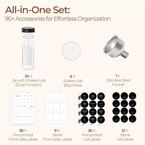 ComSaf Glass Spice Jars with with Labels 4 oz 24 Pack Small Square Bulk Set | Empty Containers, Seasoning Herb Powder, Salt Pepper Chili, Spice Rack Organization, Kitchen Cabinet Storage, Funnel Included - color: Metal Black Lids