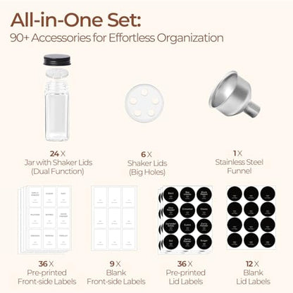 ComSaf Glass Spice Jars with with Labels 4 oz 24 Pack Small Square Bulk Set | Empty Containers, Seasoning Herb Powder, Salt Pepper Chili, Spice Rack Organization, Kitchen Cabinet Storage, Funnel Included - color: Metal Black Lids