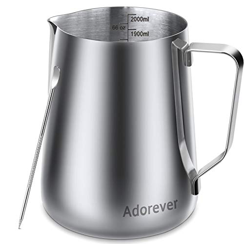 Milk Frothing Pitcher, 66oz Steaming Pitcher Stainless Steel Espresso Machine Accessories for Coffee Bar, Cappuccino Barista Tools Milk Jug Steamer Frother Cup with Decorating Latte Art Pen - color: A Silver, size: 66 Ounces