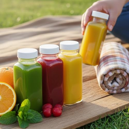 kitchentoolz 8oz Square Glass Juice Shot Bottle with Lid – 4 Pack 8 oz Milk Glass Bottles with Lids for Lunch Box, Airtight Reusable Drinking Jars for Smoothies, Yogurt, Kefir, Juice & Water - color: 8oz, style: 4 Pack