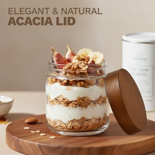 Bumobum 10 oz Small Glass Jars with Lids, Glass Container with Acacia Wood Airtight Lid, Wide Mouth Canisters for Chia Pudding Loose Tea Coffee Meal Prep Parfait Salad Snacks Yogurt Spice, 4-Pack - color: 10oz