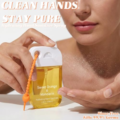 Frienda 12 Pcs Hydrating Hand Sanitizer Spray Scented Pocket Power Mist Hand Sanitizer Travel Size with Keychain Moisturizing Sanitizing Cleans Hands for Women(Airy) - style: Airy