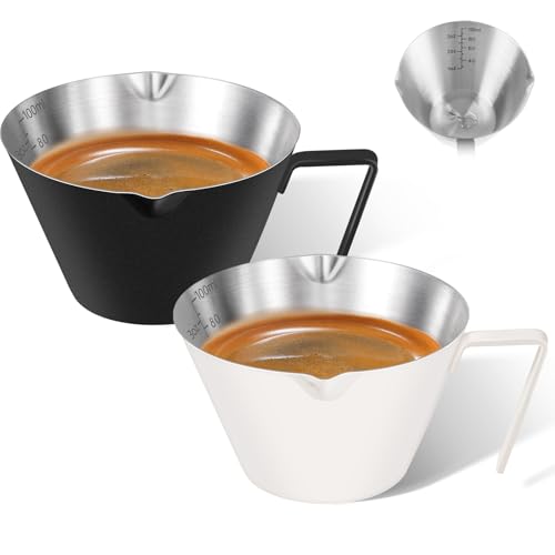 2Pcs Stainless Steel Espresso Cup, Double Spout Metal Espresso Measuring Cup with Handle, 3.4oz/100ml V-Shaped Mouth with Dual Scale (Black+White) - color: 08_ Black 1pc + White 1pc
