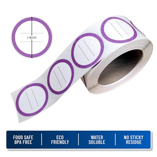 Water Soluble Labels for Food Containers – Dissolvable Kitchen Labels – No Sticky Residue – 2" Diameter, Two-Line Writable Surface, 200 Labels Per Roll (Purple) - color: Purple