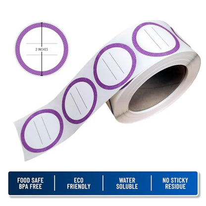 Water Soluble Labels for Food Containers – Dissolvable Kitchen Labels – No Sticky Residue – 2" Diameter, Two-Line Writable Surface, 200 Labels Per Roll (Purple) - color: Purple