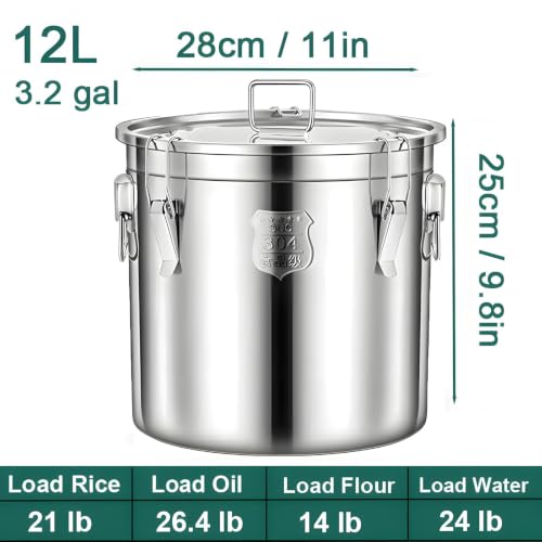 3.2갤런 304 스테인리스 스틸 주방 밀폐 통, 11.5kg(450온스) 밀가루 용기, 뚜껑 및 잠금 클램프 포함, 4.5-9.5kg(10-20파운드) 금속 버킷 식품 보관 용기, 쌀가루 그레인 커피콩(12L) - size: 12L/3.1gal