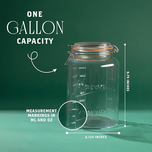 kitchentoolz 1 Gallon Glass Jar with Hinged Clamp-Top Lid – Premium Locking Mason Jar – Airtight Rubber Gasket, Wide Mouth – For Canning, Pickling, Fermenting – Measurement Markings – 1 Pack