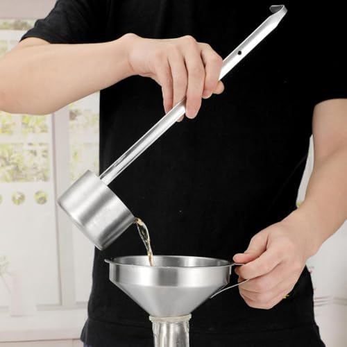 Tiiyee Stainless Steel Wine Ladle, Spout Dipper Sauce Ladle Beer Pouring Measure Spoon Flat Bottom With Hanging Hook Long Handle Kitchen Measuring For Cooking Pouring Oil Vinegar Soy(500ML) - size: 500ML