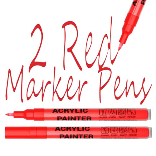 Acrylic Paint Pens Waterproof Markers 2 Red Permanent Marker Pens Acrylic Pens for Rock Painting Glass Stone Ceramic Metal Fabric Pebble Painting pens Craft Supplies - color: Red