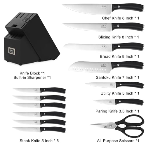 WANGMAZI Professional Kitchen Knife Set, 15 Pcs Sharp Kitchen Knife Set with Built-In Knife Sharpener, Dishwasher Safe, German Stainless Steel Knife Block Set for Home Kitchen Gifts, Black - color: 03-Black