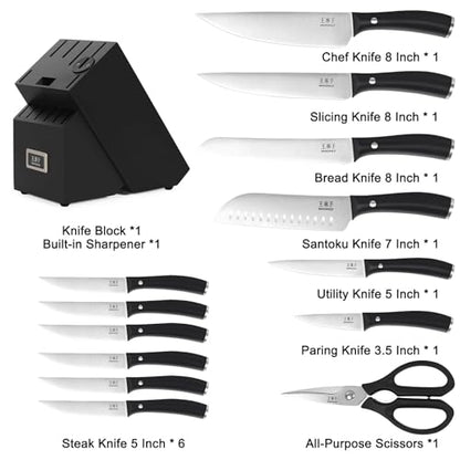 WANGMAZI Professional Kitchen Knife Set, 15 Pcs Sharp Kitchen Knife Set with Built-In Knife Sharpener, Dishwasher Safe, German Stainless Steel Knife Block Set for Home Kitchen Gifts, Black - color: 03-Black