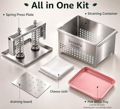 Tofu Press Stainless Steel Paneer Maker & Cheese Press for Homemade Tofu | Adjustable Food Press for Extra Firm Tofu, Dishwasher Safe, BPA Free Cook's Tool , Include Drip Tray & Press Cloth - size: L