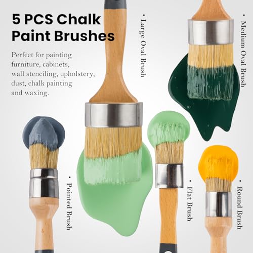 Chalk Paint Brush, Wax Paint Brush Set of 5, Wax Brushes and Chalk Paint for Furniture DIY Art Crafts, Natural Bristle Round Oval Brush for All Painting and Waxing - size: 1 Large + 1 Medium + 3 Small, 5 Pack