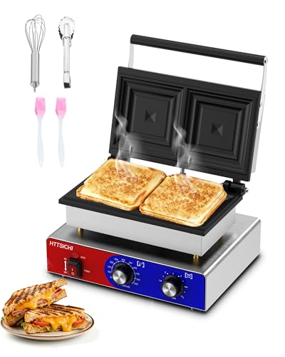 Commercial Sandwich Press, Adjustable Temp 0–550°F & Timer Electric Sandwich Maker, Stainless Steel Panini Grill Press Sandwich Maker w/Non-Stick Plates, Makes 2 Grilled Cheese Sandwiches - style: 2 slice