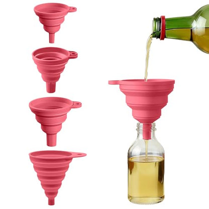 4PCS Silicone Collapsible Funnels Set for Kitchen Use Compact and Portable Liquid Transfer Tool, Collapsible Gadgets(Pink) - color: 4PCS-Pink
