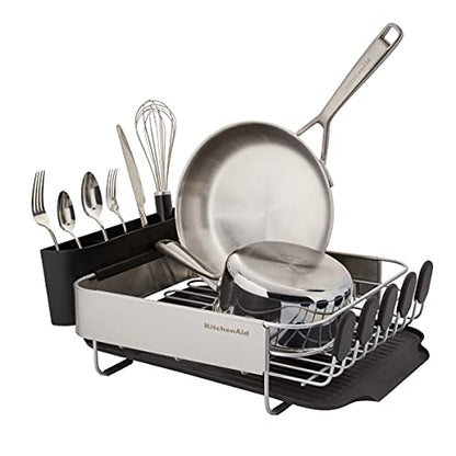 KitchenAid Compact, Space Saving Rust Resistant Dish Rack with Removable Flatware Caddy and Angled Self Draining Drainboard, 16.06-Inch, Black - color: Black, size: Compact