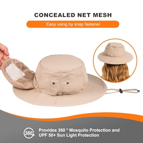 Mosquito Head Net Hat UPF 50+ Sun Protection Bug Hat for Men Women | Sun Visor Style, Perfect for Safari, Hiking, Beekeeping, Camping & Gardening - color: Beige