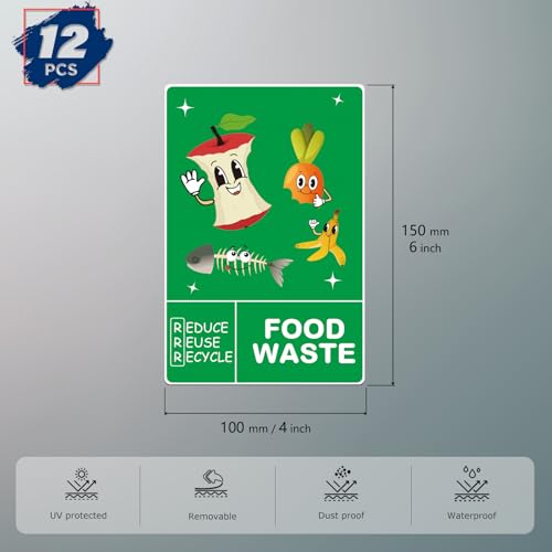 ASUNO Food Waste Recycling Stickers for Bins 150 × 100 mm Trash Vinyl Funny Waterproof Removable Labels Self Adhesive Decals for Home Kitchen Business Outdoor Indoor 12 Pack