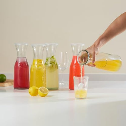 Kook Glass Carafe, Mimosa Bar Supplies, Carafe Pitchers with Lid, Glass Water Pitcher, Drink Dispensers for Parties, Tea, Wine, and Juice, Plastic Lids, Dishwasher Safe, 35 oz (set of 4) - color: Set of 4, 1 Liter