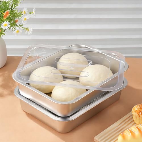 2 Pcs Pizza Dough Proofing Box -14.1x10.6 Inch Stainless Steel Pizza Dough Trays with Clear Lid, Household Pizza Bread Proofing Storage Container, Fits 4-6 Dough Balls
