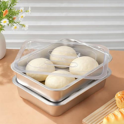 2 Pcs Pizza Dough Proofing Box -14.1x10.6 Inch Stainless Steel Pizza Dough Trays with Clear Lid, Household Pizza Bread Proofing Storage Container, Fits 4-6 Dough Balls