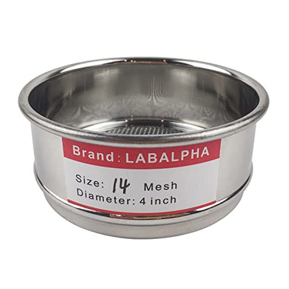 LABALPHA 14 Mesh Lab Sieves, Test Sieve #14 Mesh, 4'' Diameter, 304 Stainless Steel Wire Cloth (1.43mm) - size: 14 mesh (1.43mm)
