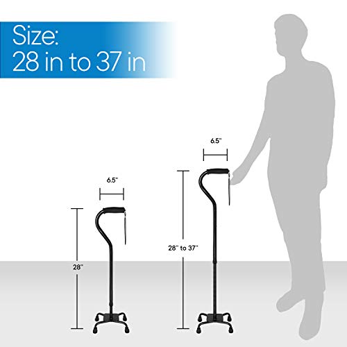 RMS Quad Cane - Adjustable Walking Cane with A Large Four-Pronged Base for Extra Stability - Foam Padded Offset Handle for Secure & Comfort Grip - Works for Right or Left Handed Men or Women
