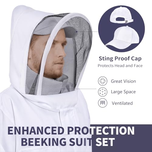KAGZ Professional Bee Suit with Adjustable Cap and Goatskin Gloves, Full Body Sting Proof Beekeeping Suit for Men and Women, Protective Beekeeper Gear with Ventilated Veil Hood, L - size: Large