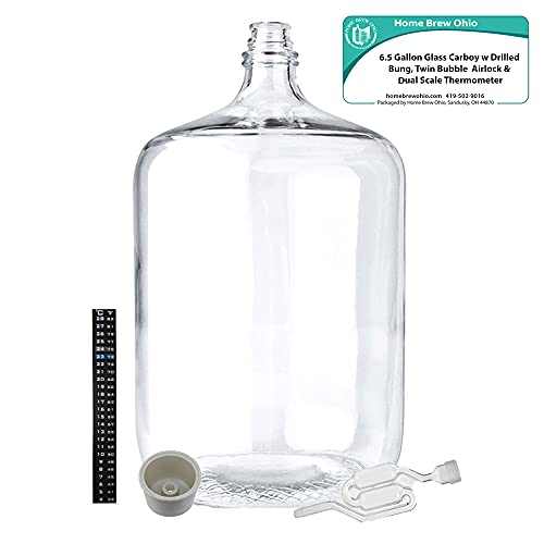 Home Brew Ohio 6.5 Gallon Glass Carboy with Drilled Bung, Twin Bubble Airlock and Dual Scale Thermometer