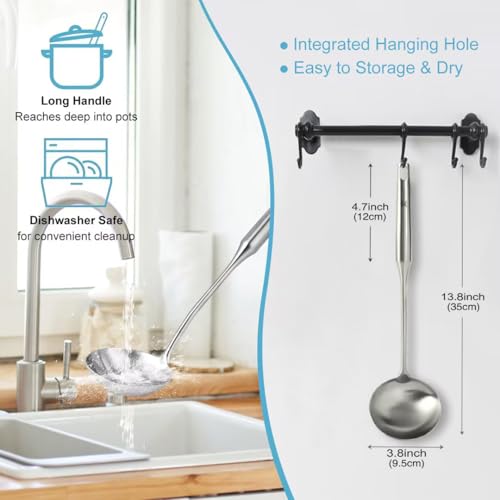 Stainless Steel Soup Ladle - 13.8" Durable Metal Ladel，Perfect Gifts | Large Ladle [Integral Forming, Heat Resistance] for Serving or Cooking, Stirring, Wok & Soup, Heavy Duty Kitchen Utensils - size: 13.8" - Silver