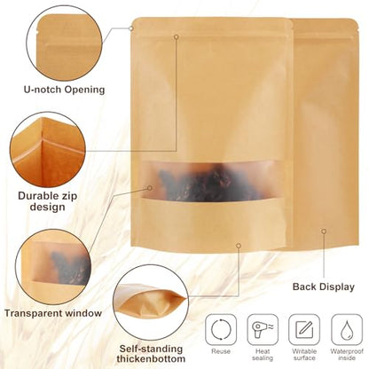 Geosar 800 Pcs Stand up Kraft Pouches with Window 7 x 10 Inch Kraft Paper Sealable Pouches with Notch Heat Sealable Resealable Bags for Small Business, Zipper Food Storage for Packaging, Snacks - size: 7 x 10 Inch